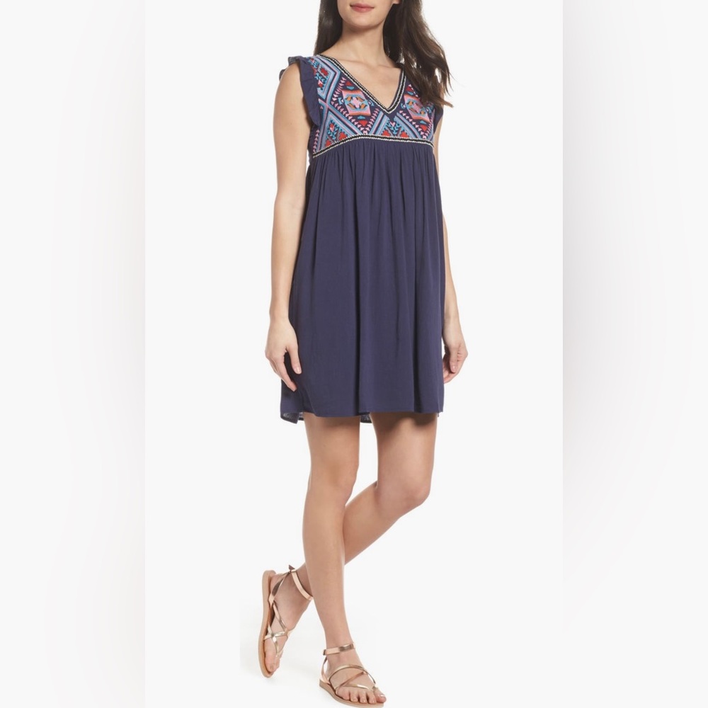 THML Navy Blue Embroidered Empire Waist Dress Size XS